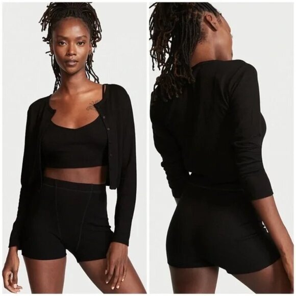 VS Victoria’s Secret Black Glow Waffle Thermal 3-Piece Short PJ Set - Picture 1 of 4